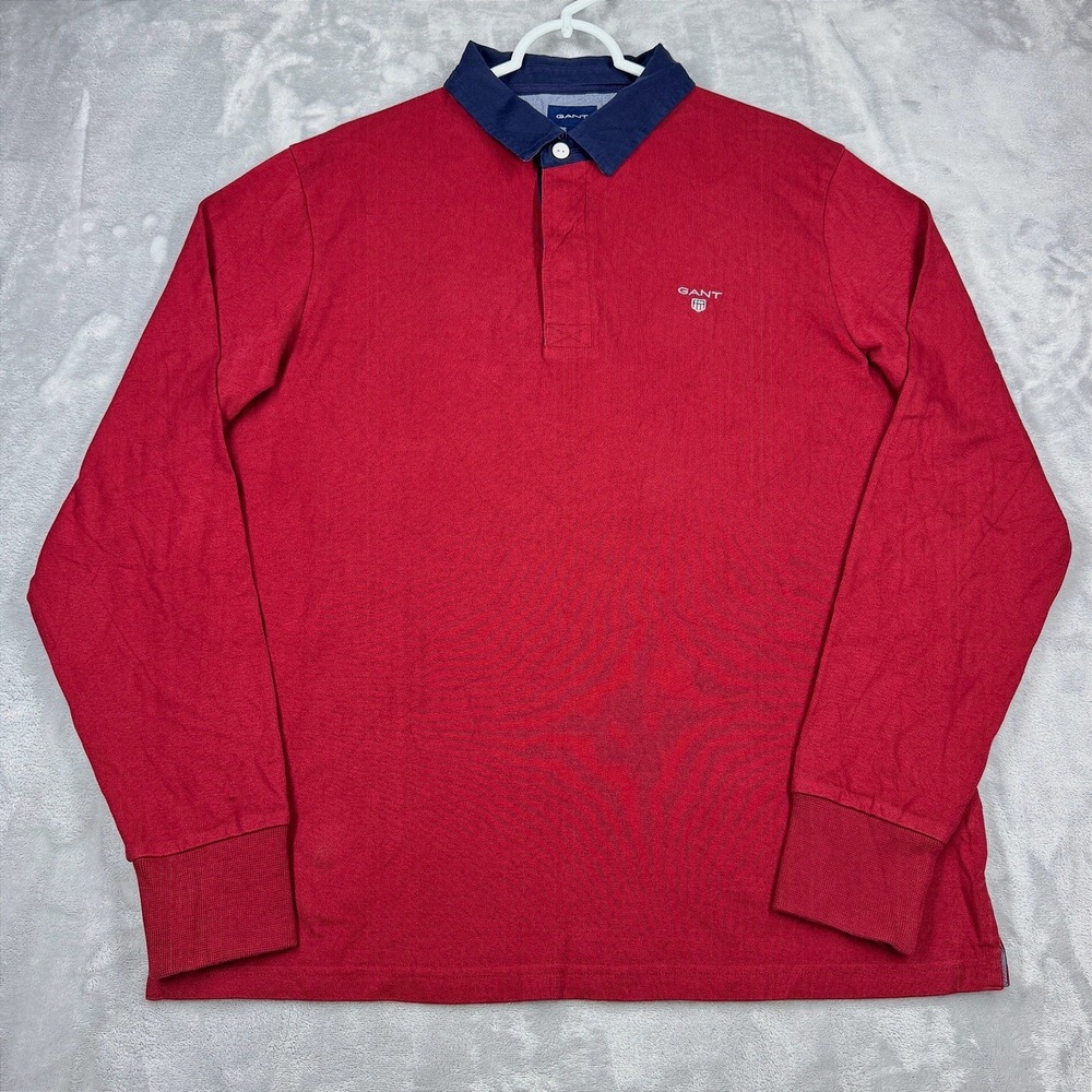 Vtg GANT Long Sleeve Rugby Polo Shirt Mens L Red Navy Contrast Collar Y2K